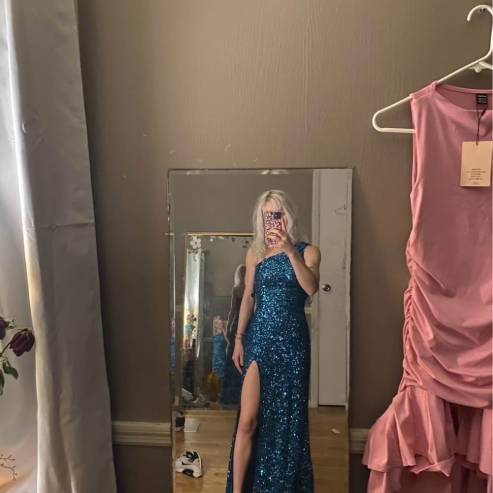Blue Sequin One-Shoulder Gown